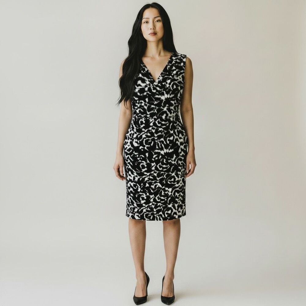 Antonio Melani Empire Waist Sheath  Dress Size 2 Black White Print